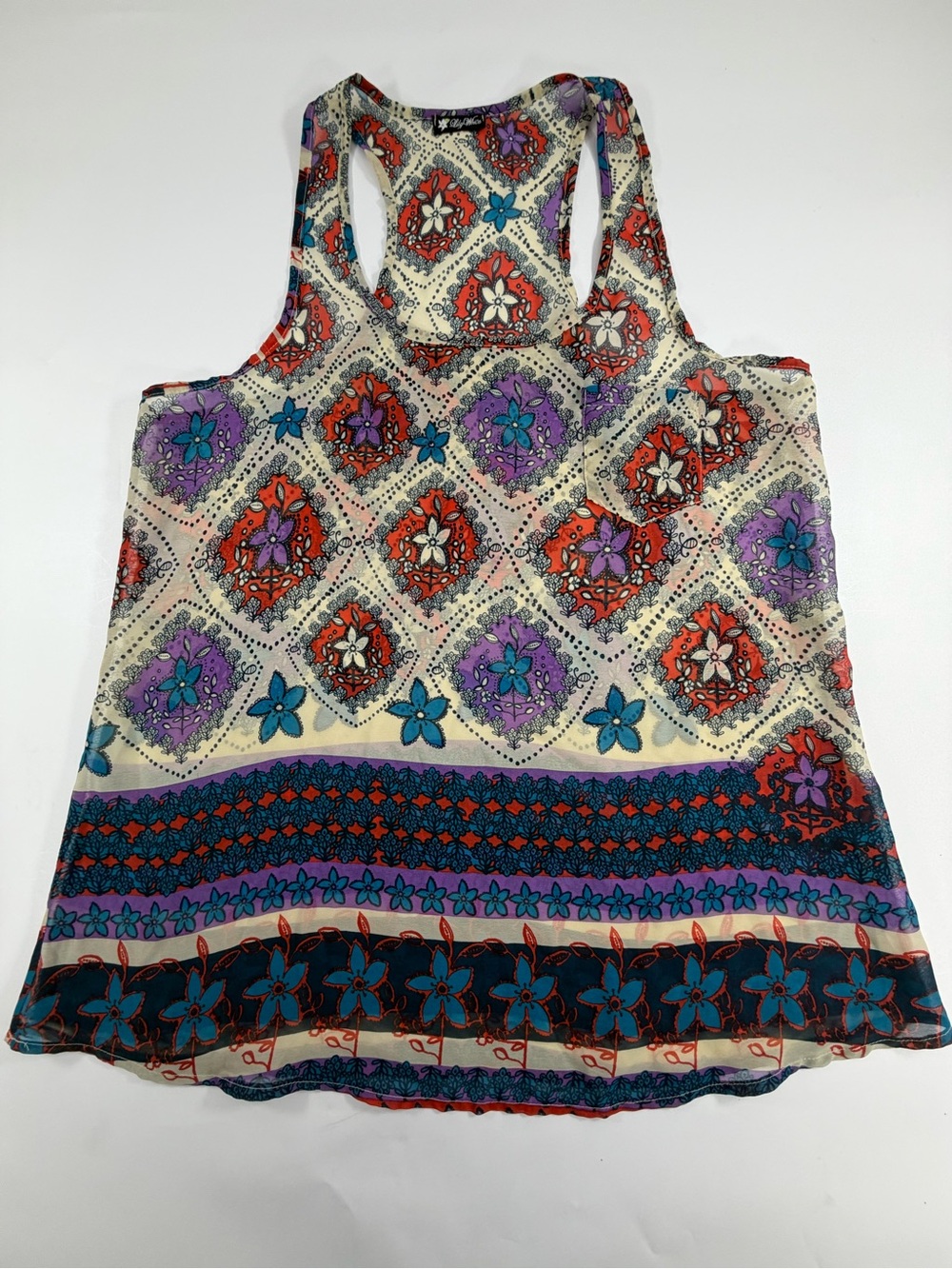 Boho Festival Racerback Tank Top Floral Medallion Print High Low‎ Hem M